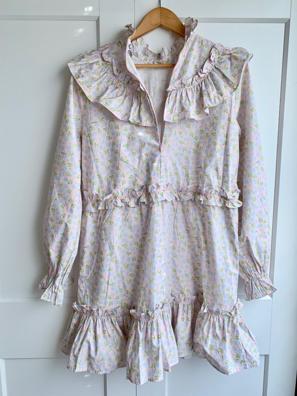 Ganni Ruffle Floral-Print Mini Dress 100% Cotton size 42 US L NWT - Picture 4 of 13